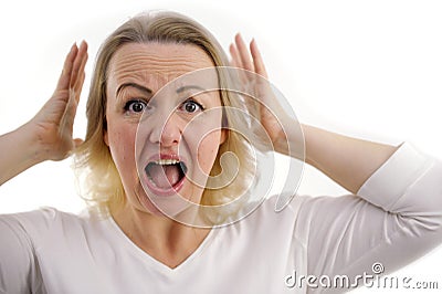 fair-haired woman open wide mouth eyes raised eyebrows wrinkle forehead what happened surprise social insurance Stock Photo