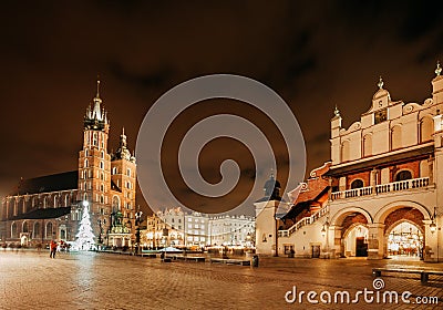 Fair in KRAKOW. Main Market Square and St. Mary`s Basilica Stock Photo