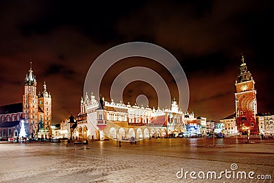 Fair in KRAKOW. Main Market Square and St. Mary`s Basilica Stock Photo