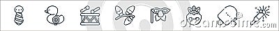 fair line icons. linear set. quality vector line set such as sparkler, popsicle, mask, carnival, lights, drum, duck Vector Illustration