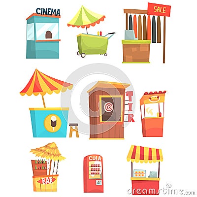 Fair And Market Street Food And Shop Kiosks, Small Temporary Stands For Sellers Set Of Cartoon Illustrations Vector Illustration