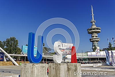 Thessaloniki, Greece Entrance to 83rd International fair with large USA sign. Editorial Stock Photo