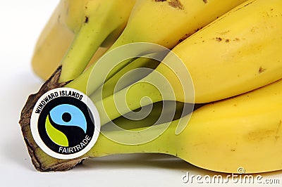 Fair trade produced bananas showing official label Editorial Stock Photo