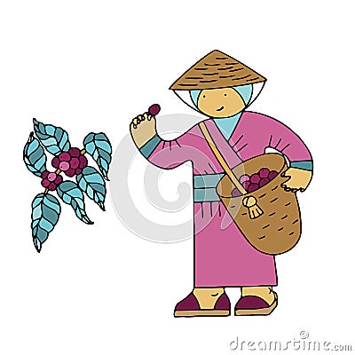 Coffee beans collector in a national costume with a basket in a doodle style Vector Illustration