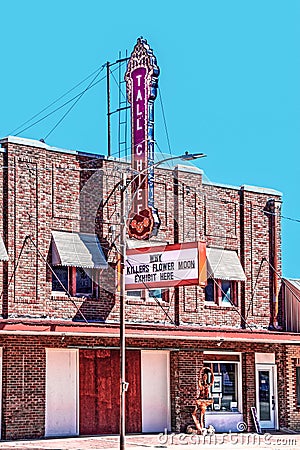 Fairfax Oklahoma USA Old Tall Chief theater with exhibit for The Killers of the Flower Moon in town where book was set Editorial Stock Photo