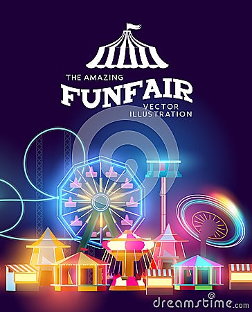 Fairground And Amusement Park Glowing At Night Vector Illustration