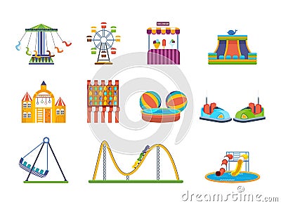 Fairground games, playgrounds and relaxing amusement park. Vector Illustration