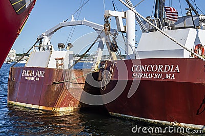 Commercial fishing boats Sandra Jane and Concordia on Acushnet River Editorial Stock Photo