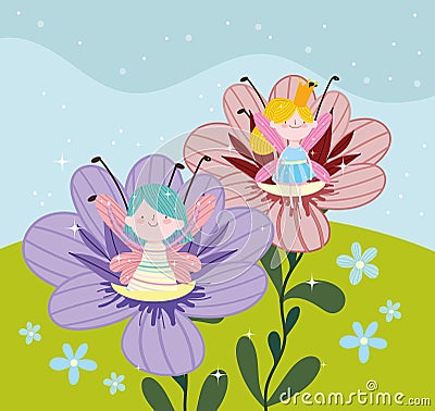 fairies cute flowers Vector Illustration