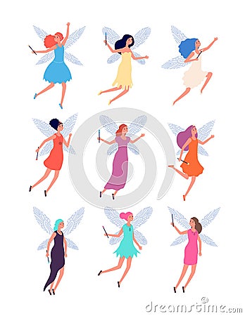 Fairies. Cute magic fairy, tale girls costume. Child fairytale dolls with wings. Isolated female funny elegant mythology Vector Illustration