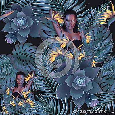 Fairies of Flowers for fabric design. Beautiful tropical flowers with girl, digital illustration,3-d rendering Cartoon Illustration