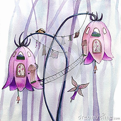 Fairies flowers houses. Cartoon Illustration