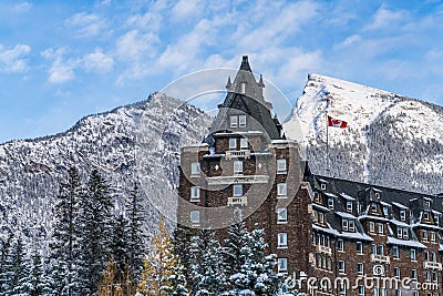 Fairmont Banff Springs in winter sunny day. Banff National Park Editorial Stock Photo