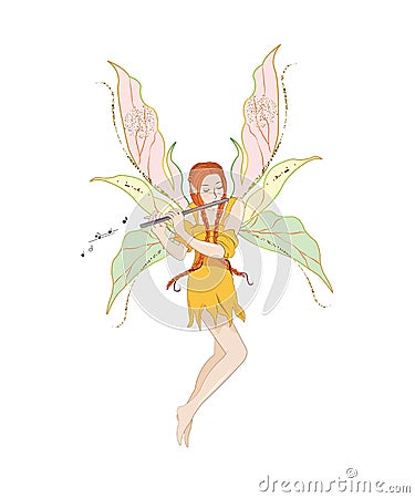 Fantasy girl with wings illustartion orange fairy plays the flute Cartoon Illustration