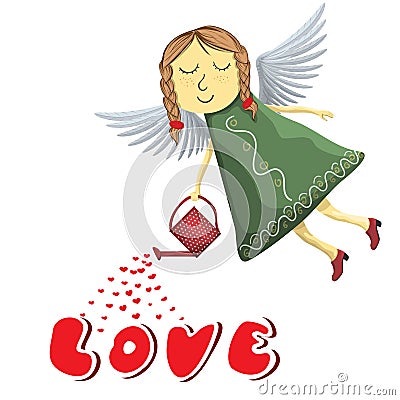 Fairy angel watering love isolated on white background Vector Illustration