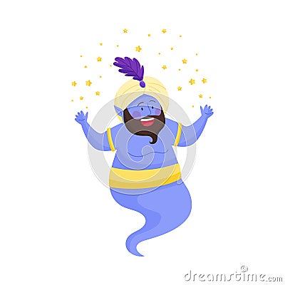 Fairy Bearded Jinn Character in Turban with Feather Performing Miracles Vector Illustration Vector Illustration
