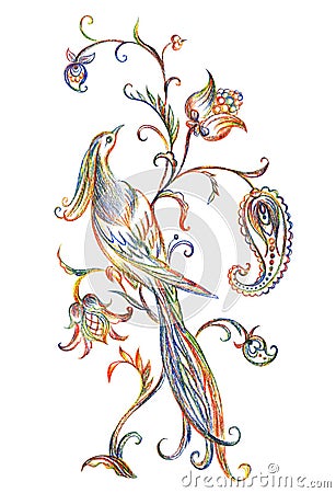 Fairy bird on a fantastic plant, pencil drawing Stock Photo