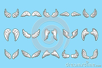 Fairy black and white wings set on blue background. Hand drawn angel wings Vector Illustration