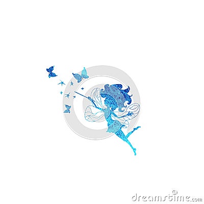 Fairy with butterflies watercolor silhouettes icon Stock Photo