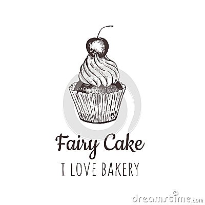 Fairy cake, cupcake sketch lettering logo. Vector Illustration