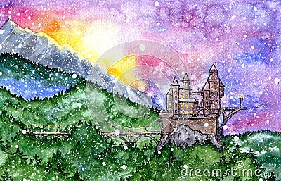 Fairy castle at green forest sunset Stock Photo