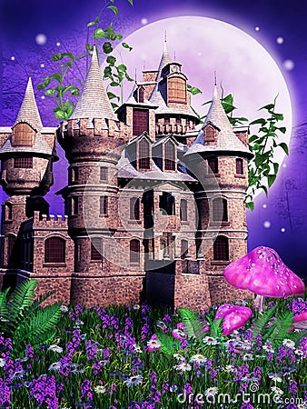 Fairy castle on a purple meadow Stock Photo