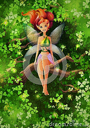 Fairy character sitting on a tree branch Vector Illustration