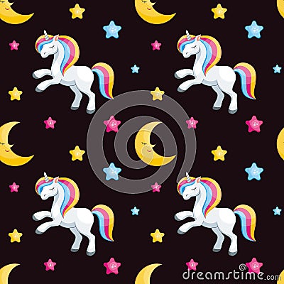 Unicorns and half moon seamless pattern Vector Illustration