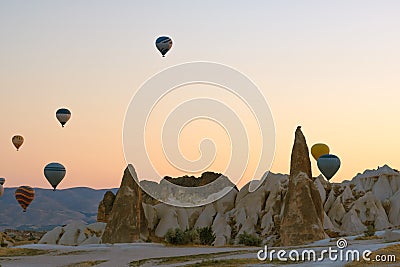 Fairy Chimneys and Hot Air Ballooons in Cappadocia Turkey Stock Photo