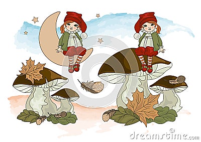 Fairy Clipart DWARF MUSHROOM Color Vector Illustration Set Cartoon Picture Vector Illustration