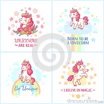 Fairy unicorn poster. Sweet rainbow magic unicorns from happy dreams printable posters vector set Vector Illustration