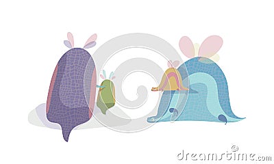 Fairy Dragon with Small Wings Playing with Its Cub Vector Set Vector Illustration