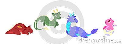 Fairy dragons. Fantasy colorful creatures, medieval magic fairy animals, mythical reptiles dinosaurs Vector Illustration