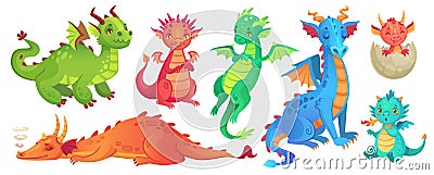 Fairy dragons. Funny fairytale dragon, cute magic lizard with wings and baby fire breathing serpent cartoon isolated Vector Illustration