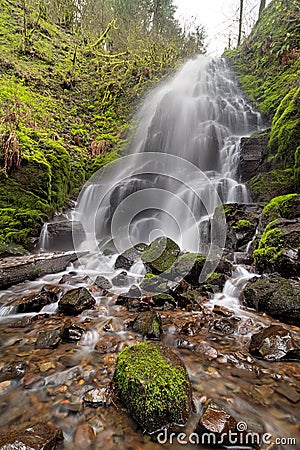 Fairy Falls in Columbia River Gorge in Spring Stock Photo