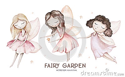 Fairy Flowers watercolor isolated kids illustration for girls. Cartoon pink magic girl baby shower poster. Happy Birthday kid Cartoon Illustration