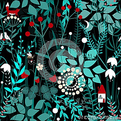 Fairy forest background. Floral seamless pattern with doodle plants, birds, firefly, fox, and house. Vector Illustration