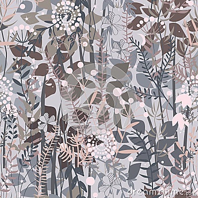 Fairy forest background. Floral seamless pattern with doodle plants, flowers, bushes, and grass. Pleasant pastel grey, pink, and b Cartoon Illustration