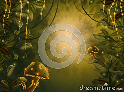 Fairy forest, photo frame or game location, magic mushrooms, beautiful fireflies Vector Illustration