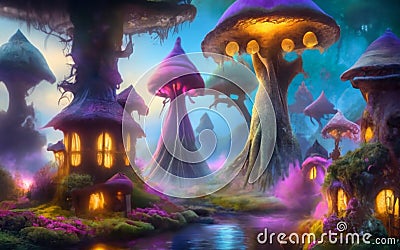 fairy forest village, fog, bright colors, fairy lights, detailed fantasy background, Stock Photo