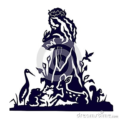 Fairy girl fairy forest, and animals, character silhouette on white background, Vector Illustration