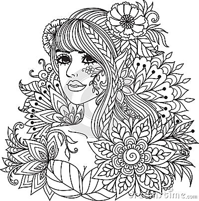 Fairy girl with mandala flowers for coloring book, print on product, laser engraving and so on. Vector illustration Vector Illustration