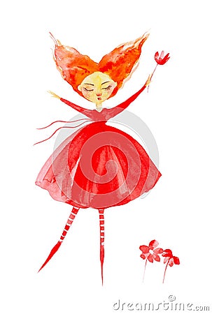 Fairy girl in a red dress and striped stockings,with red hair developing in the wind. Flies through the air, hands up holding a Cartoon Illustration