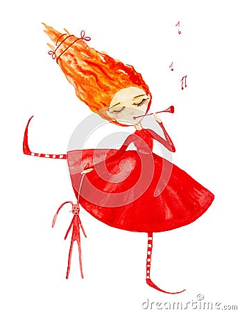 Fairy girl in a red dress and striped stockings,with red hair developing in the wind. Holds a plush hare in his hand and plays the Cartoon Illustration