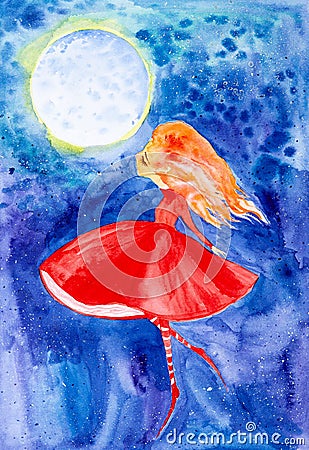 A fairy girl with red hair and a red dress with her eyes closed hovers over the blue night sky against the full moon. Watercolor Cartoon Illustration