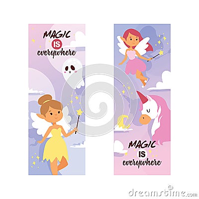 Fairy girl vector magic faery character and fantasy beautiful princess cartoon unicorn of fairy-tale in fairyland Vector Illustration