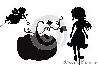 Fairy Godmother, Cinderella and Pumpkin shadow puppets on white Stock Photo
