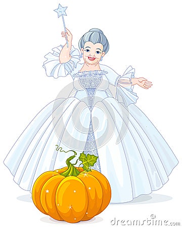 Fairy Godmother Making Magic Pumpkin Carriage Vector Illustration