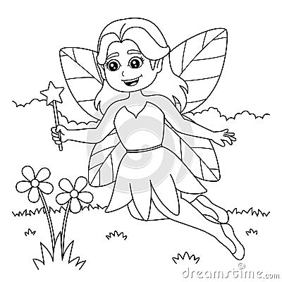 Fairy Holding Magic Wand Coloring Page for Kids Vector Illustration