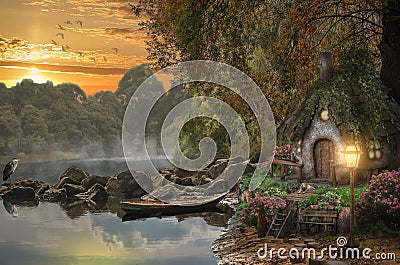 Fairy house on the lake Cartoon Illustration